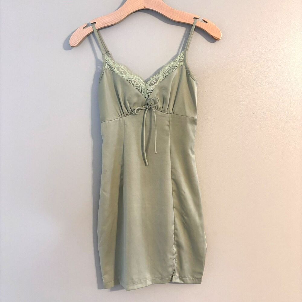 Princess Polly Maisie Satin Mini Slip Dress Sage Green Lace Coquette Pastel Sz 0